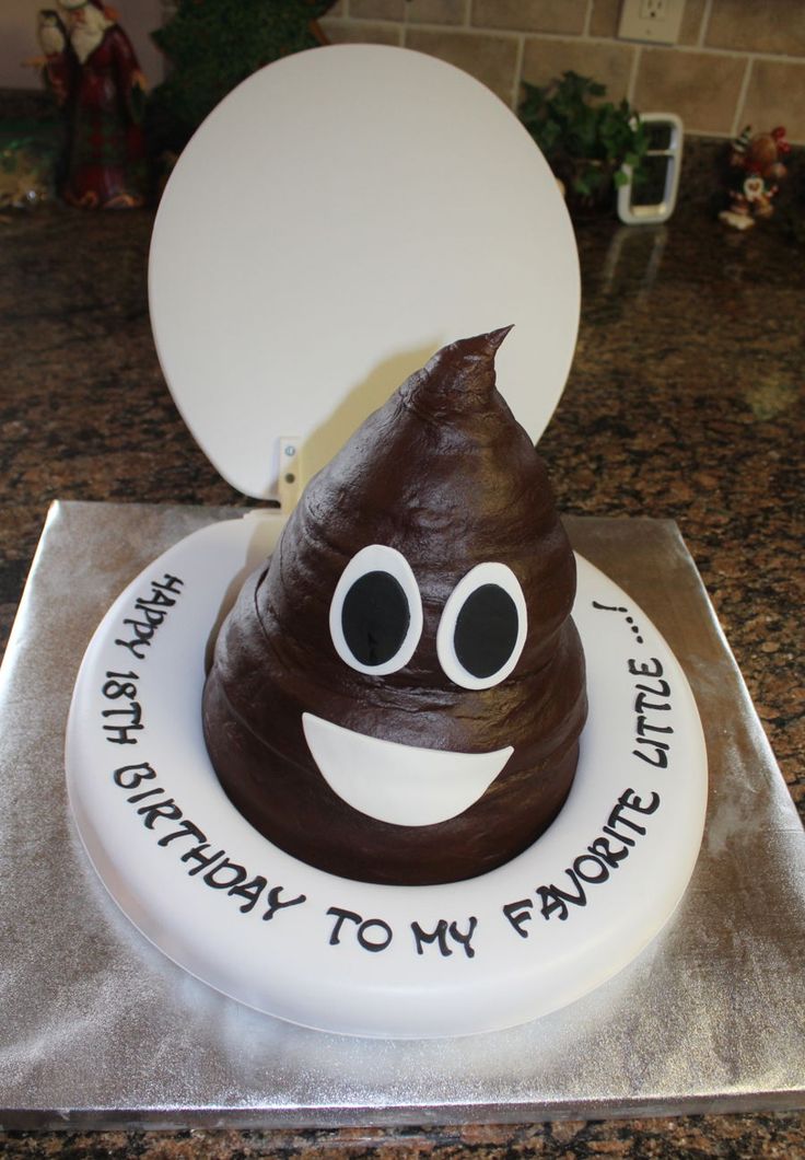 a birthday cake with a chocolate poop on the top and words happy birthday to my favorite