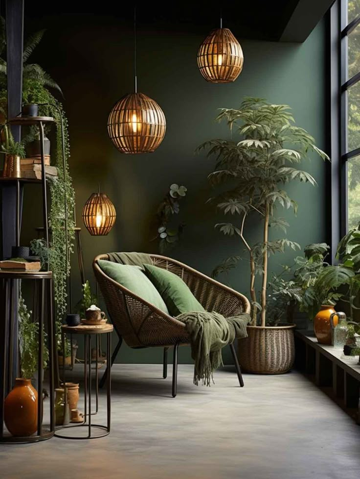 a living room with plants and hanging lights in the corner, including a wicker chair