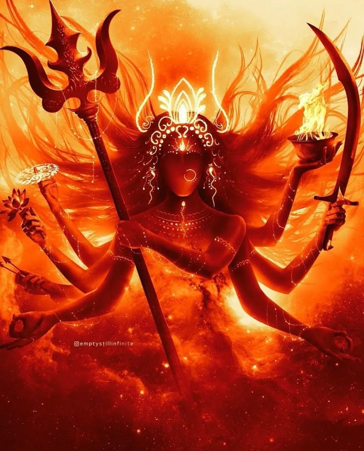 an image of a woman holding two swords in her hands and fire behind her head