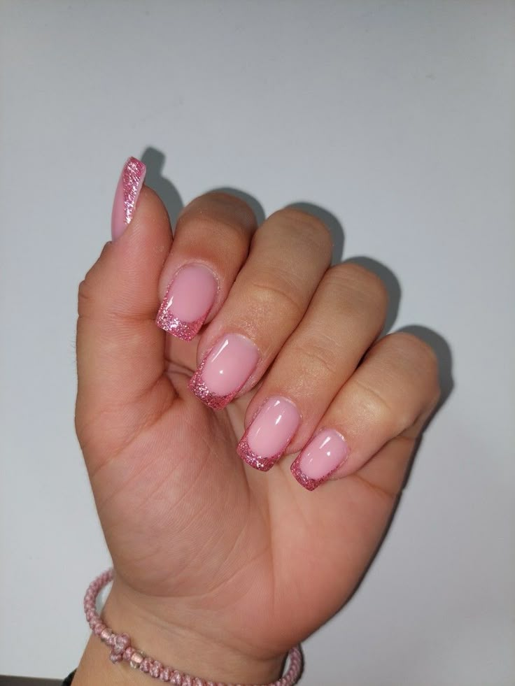 Short Square Acrylic Nails Glitter Tips, Colored Glitter French Tips, Glitter Pink Tip Nails, Pink Nails With Sparkle Tips, Pink With Glitter Tips Nails, Pink Sparkly Tip Nails, Pink Biab Nails Short, Pink Nails With Glitter French Tip, Short French Tip Acrylic Nails Design Pink Glitter