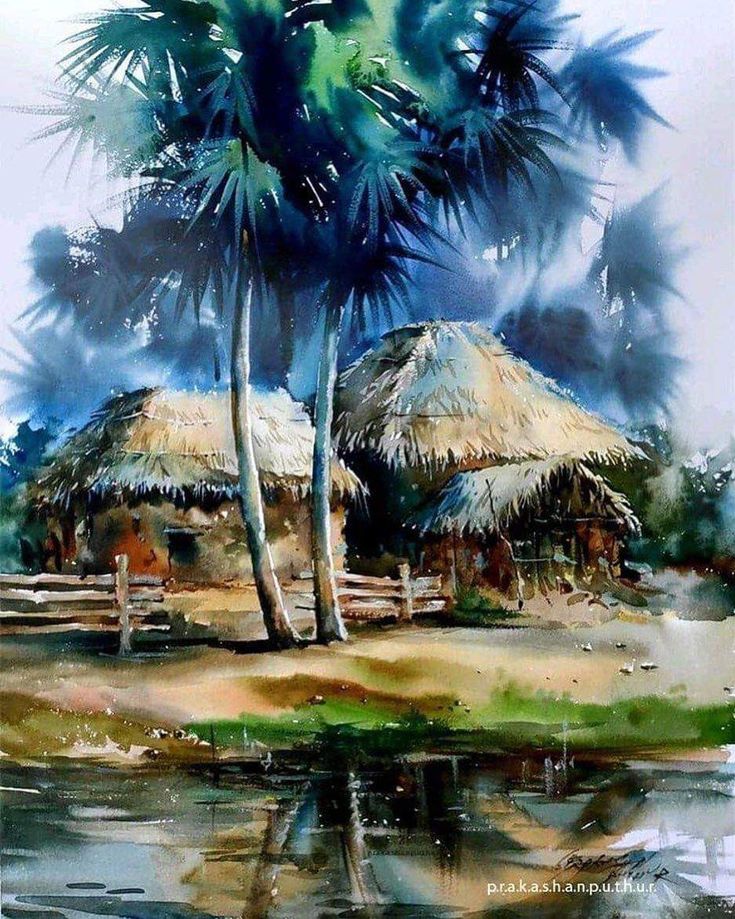 watercolor painting of palm trees and huts