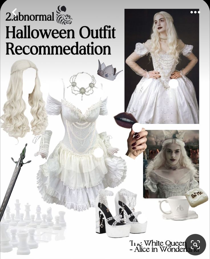 an advertisement for a costume contest with white clothes and accessories, including a cosplay