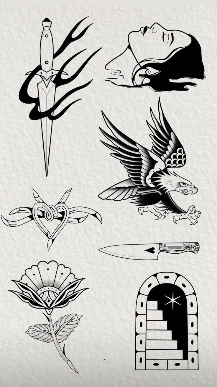 an assortment of tattoo designs on white paper