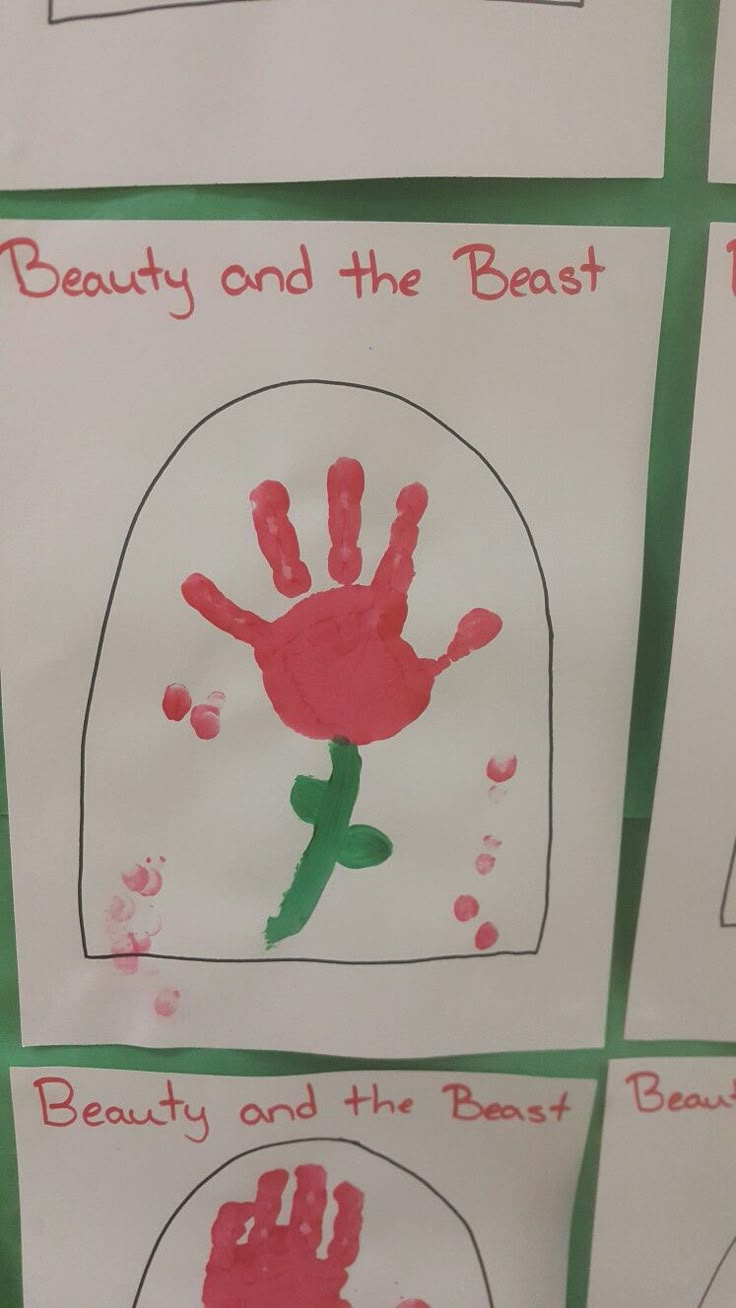 four different handprints with the words beauty and the beast written on them