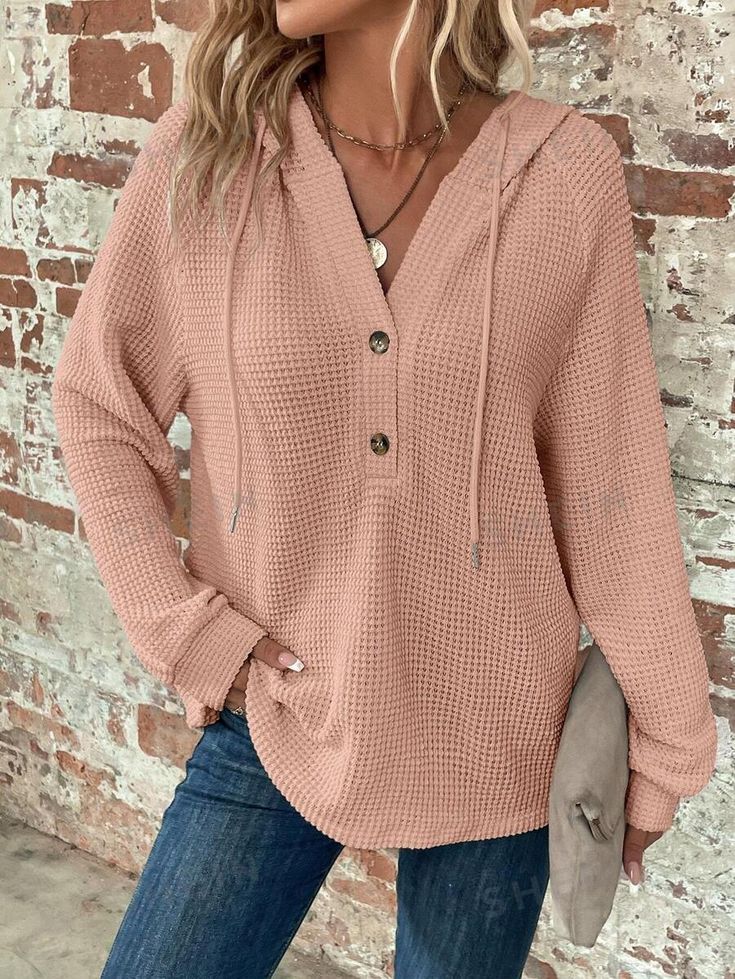 Style:Casual \nDetails:Drawstring \nDetails:Button \nNeckline:Hooded \nSleeve Type:Raglan Sleeve \nType:Half Placket \nColor:Pink \nPattern Type:Plain \nSleeve Length:Long Sleeve \nLength:Regular \nFit Type:Loose \nFabric:Slight Stretch \nMaterial:Knitted Fabric \nComposition:94% Polyester \nComposition:6% Elastane \nCare Instructions:Hand wash,do not dry clean \nTemperature:Spring/Fall (18-25℃/63-77℉) \nSheer:No \n Minimalist Hoodie, Womens Hoodies Casual, Black And White Logos, Cuffed Top, Women Sweatshirts, Stunning Tops, Button Long Sleeve, Knit Bodysuit, Sweatshirt Women