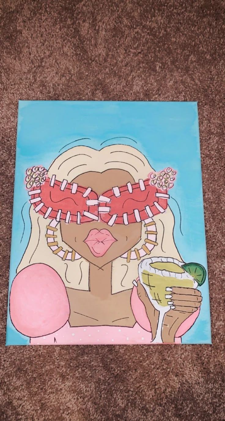 a painting of a woman holding a martini in front of her face and wearing headbands