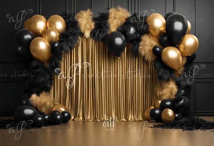 a black and gold party backdrop with balloons, feathers and streamers in front of it