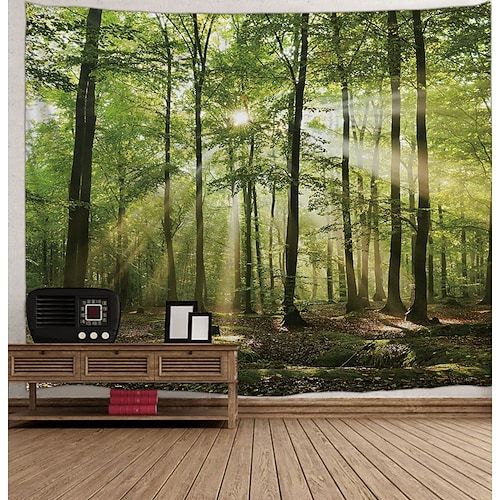 an image of a forest scene with sunlight coming through the trees tapestry wall hanging art print