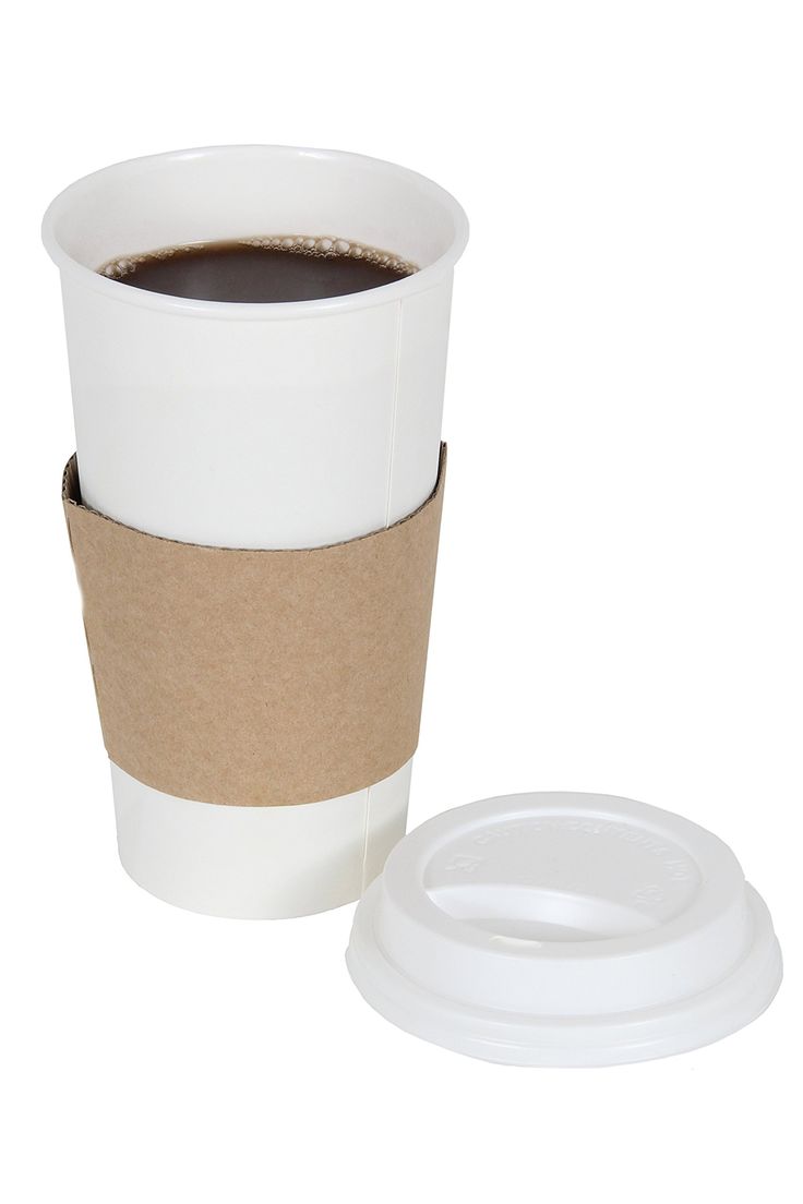 a white coffee cup with a brown sleeve and lid next to a cardboard container on a white background