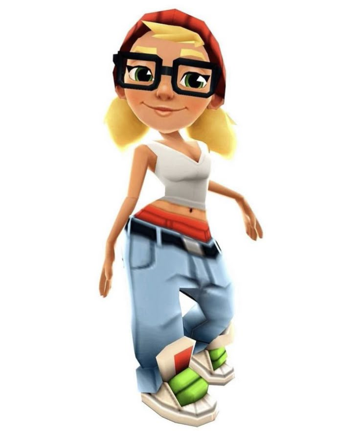 a cartoon girl with glasses riding a skateboard on a white background and looking at the camera