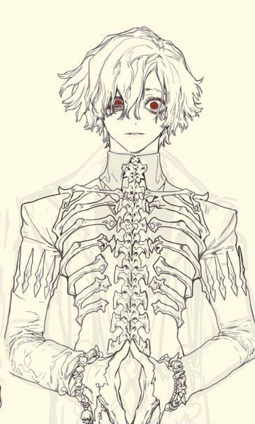 a drawing of a man with red eyes holding his hands in the shape of a skeleton