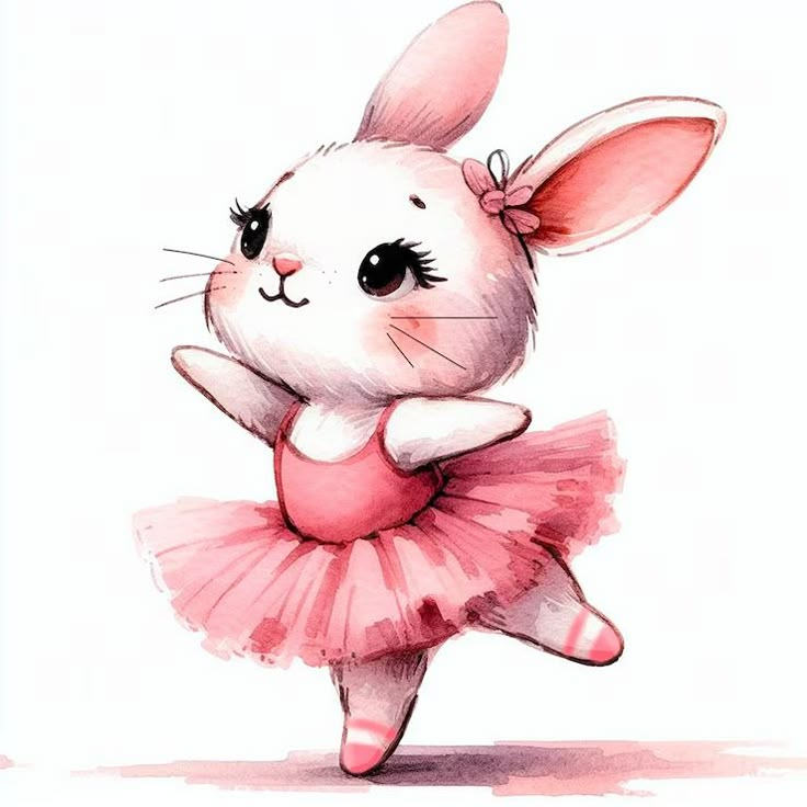 a watercolor painting of a little bunny ballerina