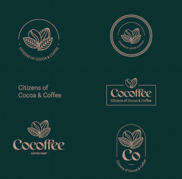 the logos for coffee and cocoa products are shown in gold on dark green colored background