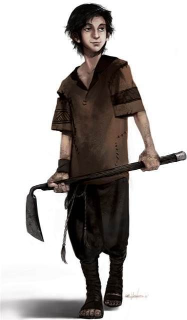 a drawing of a man with an ax in his hand and wearing a brown shirt