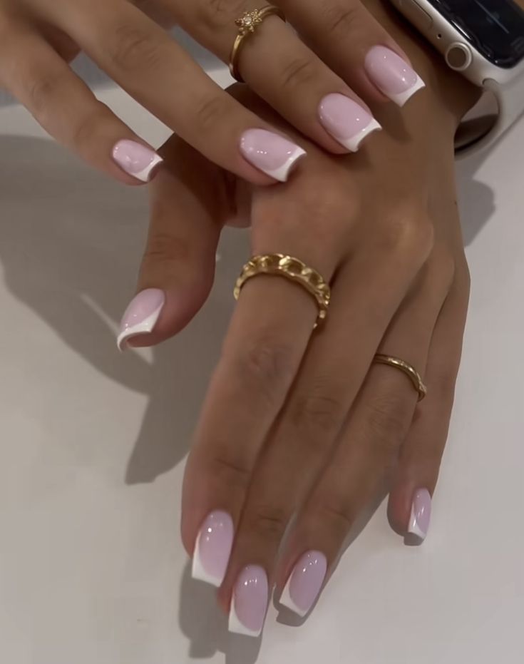 Nails For Long Nail Beds, White On White French Nails Short, French Tops Acrylics, Creamy Pink French Tip Nails, Sqaure French Tip Nails, Pink Milky French Nails, Homecoming Short Nails, Pearly Pink Nails Acrylic, Short Solar Nail Designs