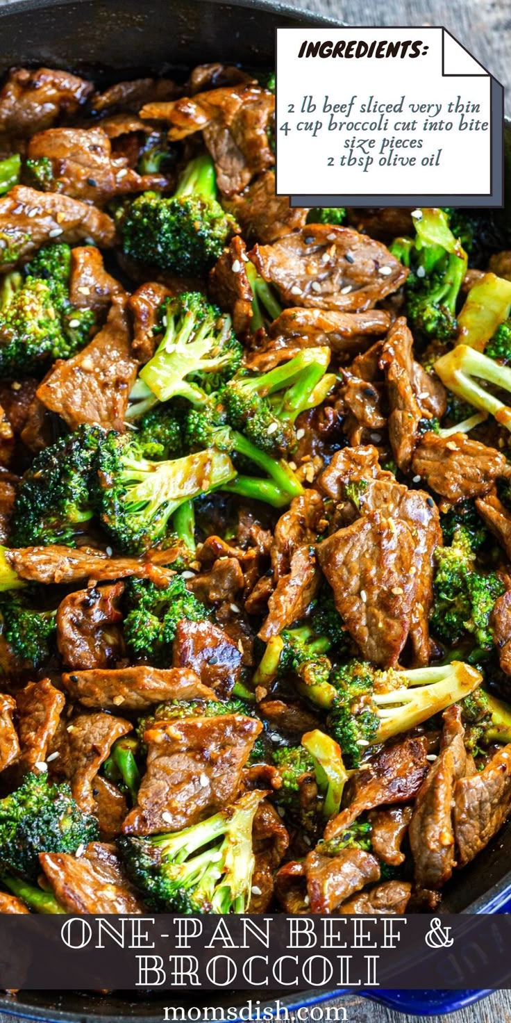 beef and broccoli stir fry in a skillet with ingredients on the side