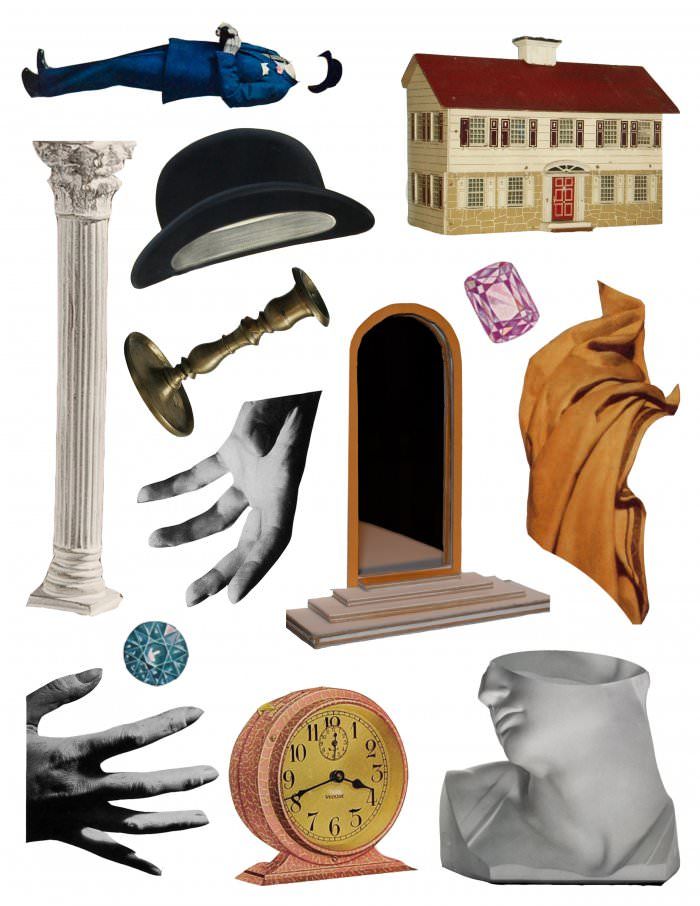 an assortment of different objects including a clock, hat, glove and other items on a white background