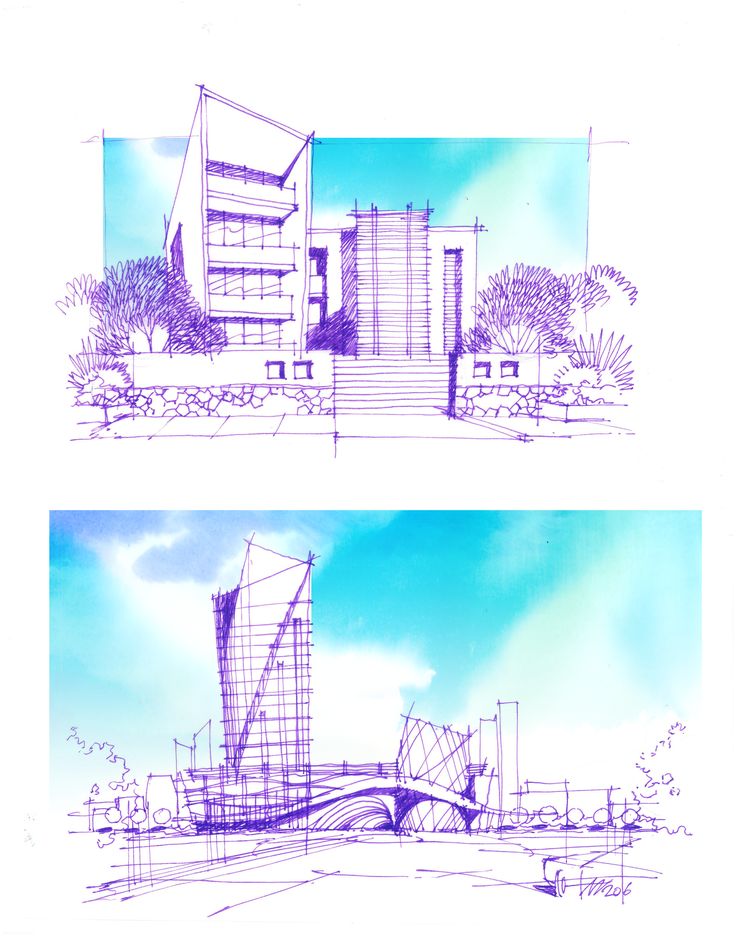 three different views of a building in the process of being drawn with pen and ink