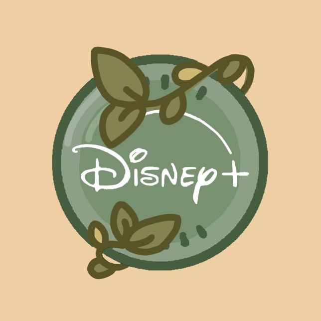 the logo for disney plus with leaves and branches on it's back side, in front of a beige background