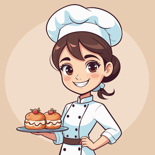 a woman in chef's uniform holding a plate with cakes on it