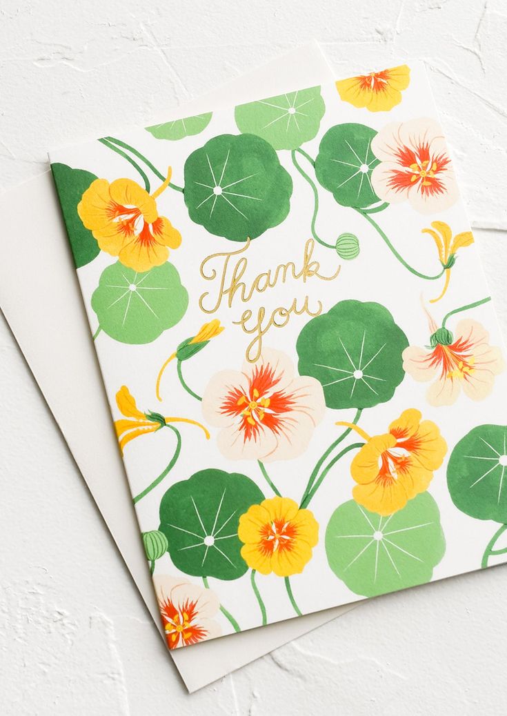 A nasturtium printed greeting card with text reading Thank you. Thank You Card, Floral Card Design, Flower Greeting Cards, Council Bluffs Iowa, Handmade Greeting Card Designs, Greeting Card Inspiration, Floral Cards Design, Greeting Card Art, Card Inspo