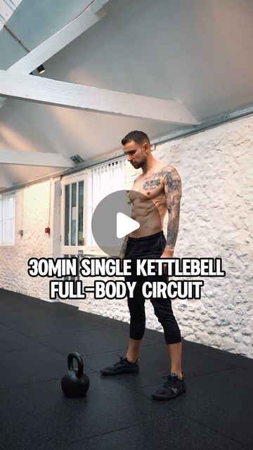 a man standing on top of a black floor next to a kettle weight machine with the words 30 min single kettlebell full - body circuit