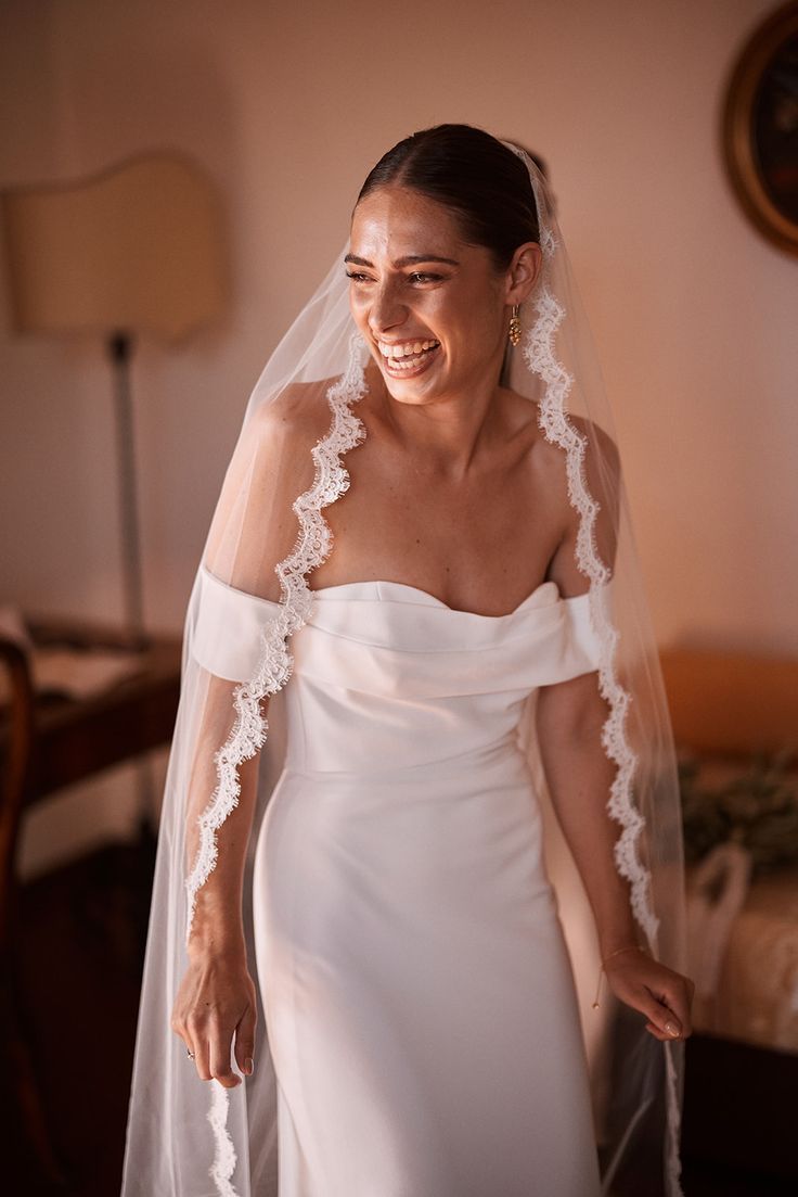 Italian wedding, lace trim veil, off the shoulder wedding dress Italian Wedding Bride, Italian Bride Traditional, Italian Wedding Veil, Italian Villa Wedding Dress, Sicilian Wedding Dress, Italian Wedding Hair, Italian Wedding Dress Traditional, Italian Style Wedding Dress, Tuscan Wedding Dress