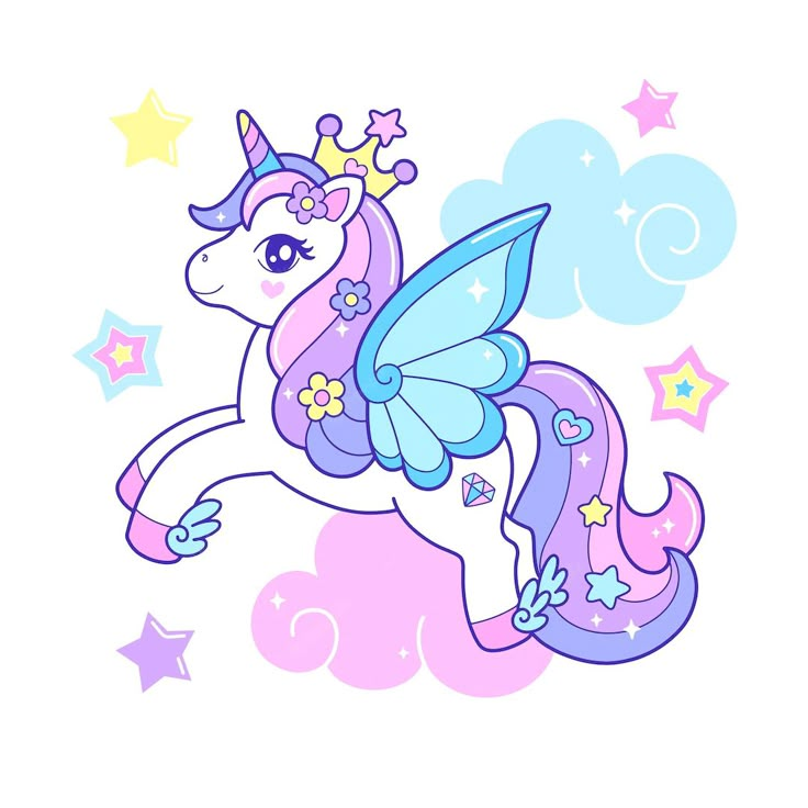 a pink and blue unicorn with stars on it's back flying through the air