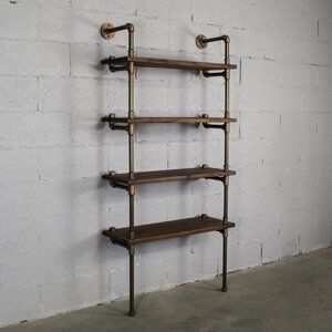 an industrial style shelving unit with four shelves on each side and three pipe handles