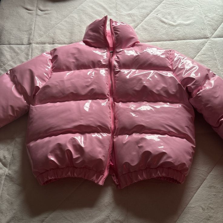 Very Cute And Stylish No Rips, Holes, Stains, Or Discoloration Visible Never Worn 100% Polyester Medium Pink Puffer Winter Coat, Pink Puffer Winter Outerwear, Pink Puffy Coat, Pink Nylon Puffer Outerwear, Pink Winter Puffer Jacket With Zipper Closure, Pink Puffer Coat, Bubble Clothes, Puffer Coat, Pink Ladies