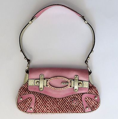 Y2K Vintage Guess Tweed Baguette Purse Rhinestones Logo Faux Croc Leather Pink  | eBay Rare Luxury Bags, Designer Leather Shoulder Bag With Rhinestones, Designer Pink Embellished Bags, Baddie Handbags, Vintage Guess Bag, 90s Handbags, Baguette Purse, Y2k Purse, 1st Dibs