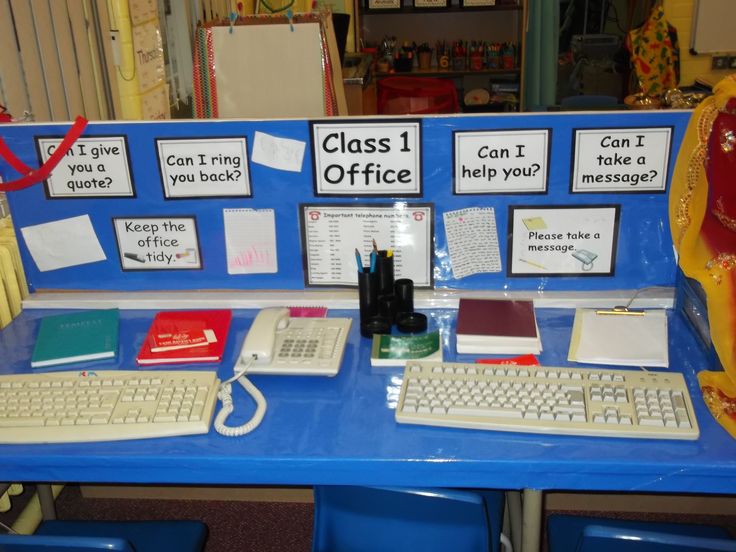 a blue desk topped with two computer monitors and keyboard