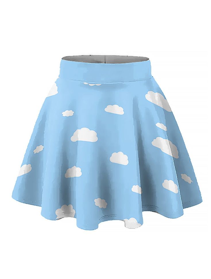 Kawaii Plus Size Blue Sky Elastic Circle Skirt - In Control Clothing Kawaii Clouds, Harajuku Skirt, Aesthetic Skirt, Plus Size Kawaii, Black Mesh Crop Top, Rainbow Cardigan, Rainbow Outfit, Pastel Outfit, Pleated Long Skirt