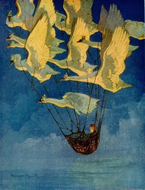 a painting of birds flying in the sky with a basket on it's back