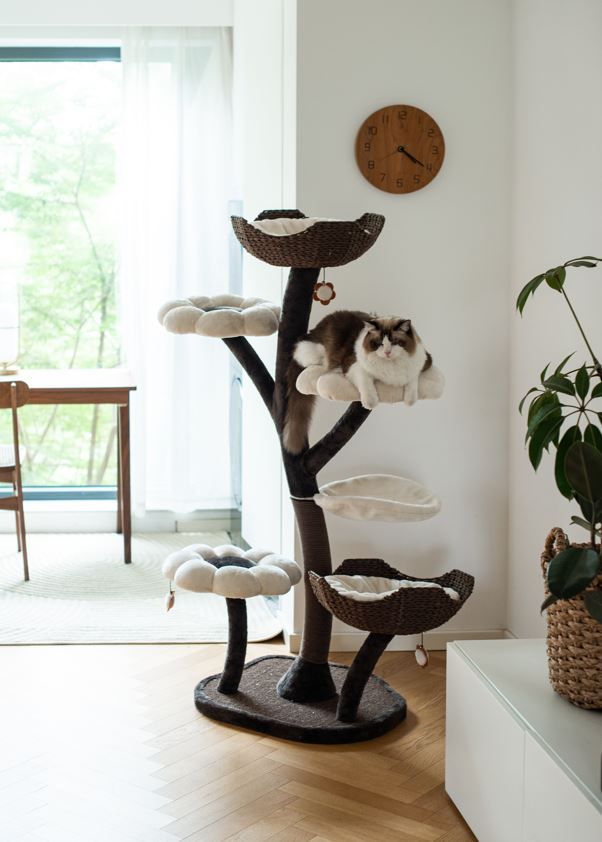 a cat tree in the middle of a room with several cats on top of it