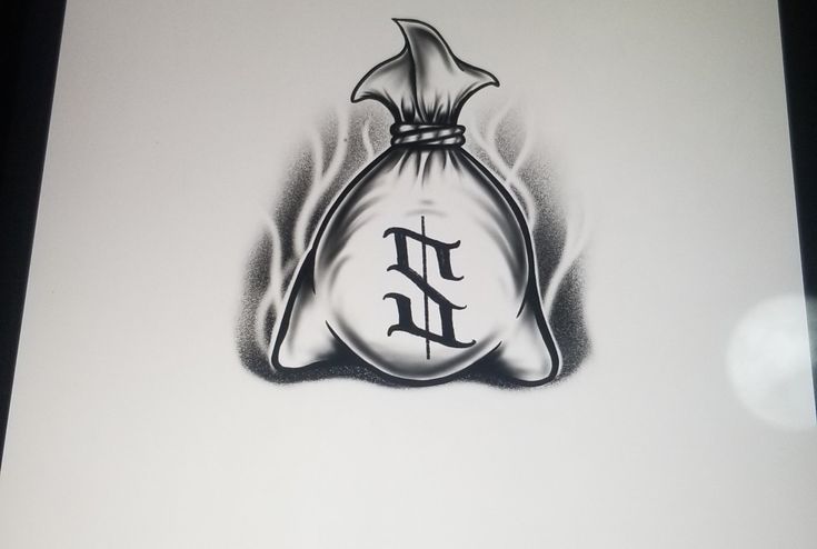 a drawing of a bag with the letter f on it and flames coming out of it