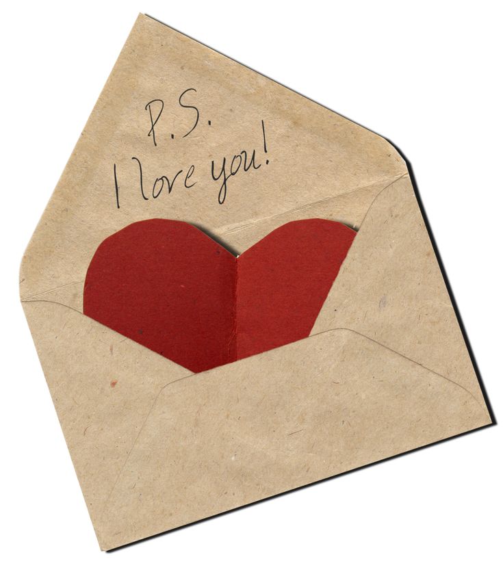 an envelope with a red heart inside and the words p s i love you written on it