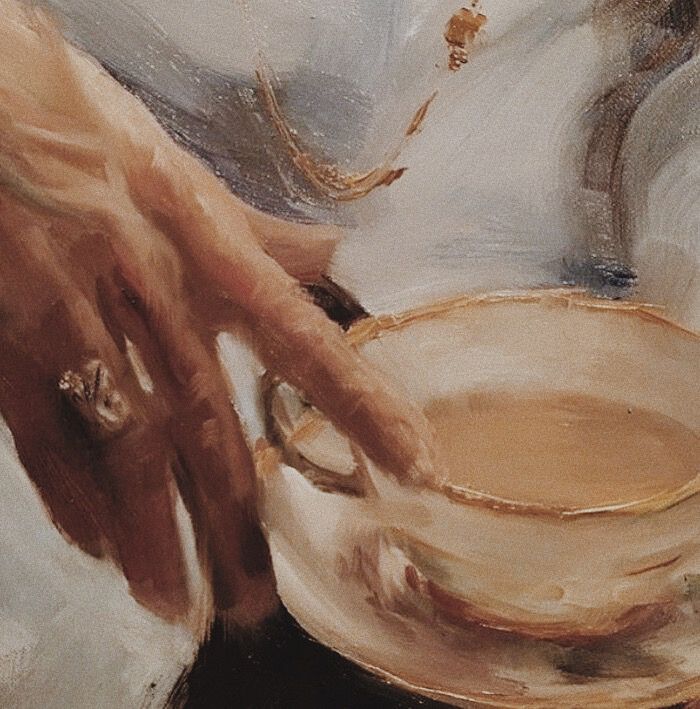 a painting of a person holding a saucer in their left hand and stirring it into a bowl