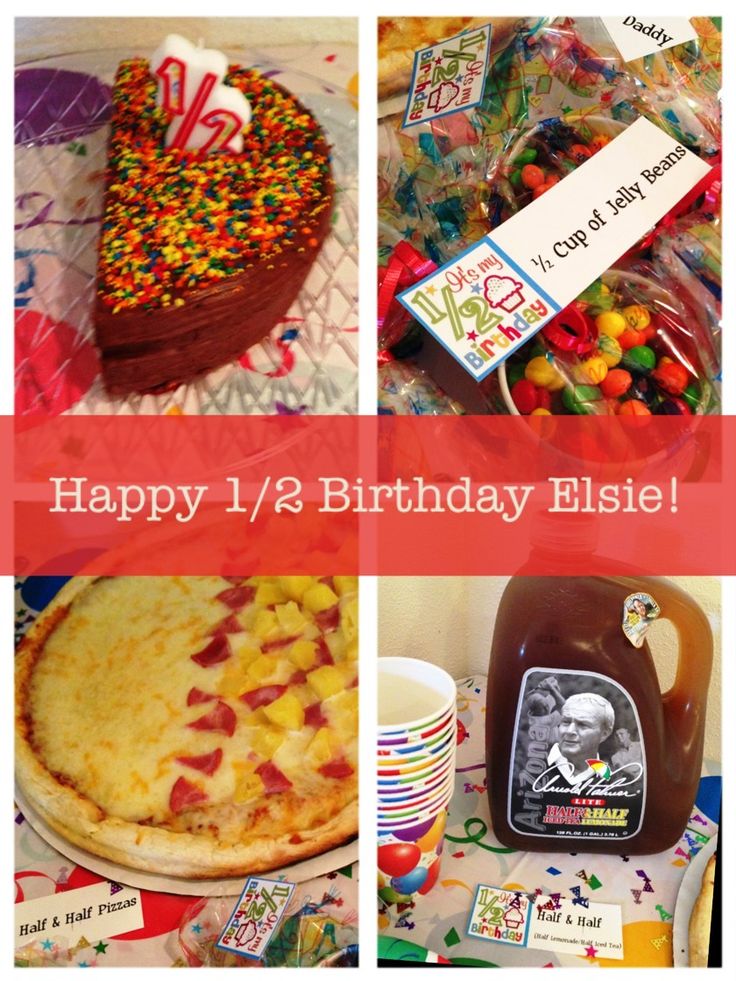 a collage of birthday items including cake, jelly beans and other candies with the words happy 1 / 2 birthday else