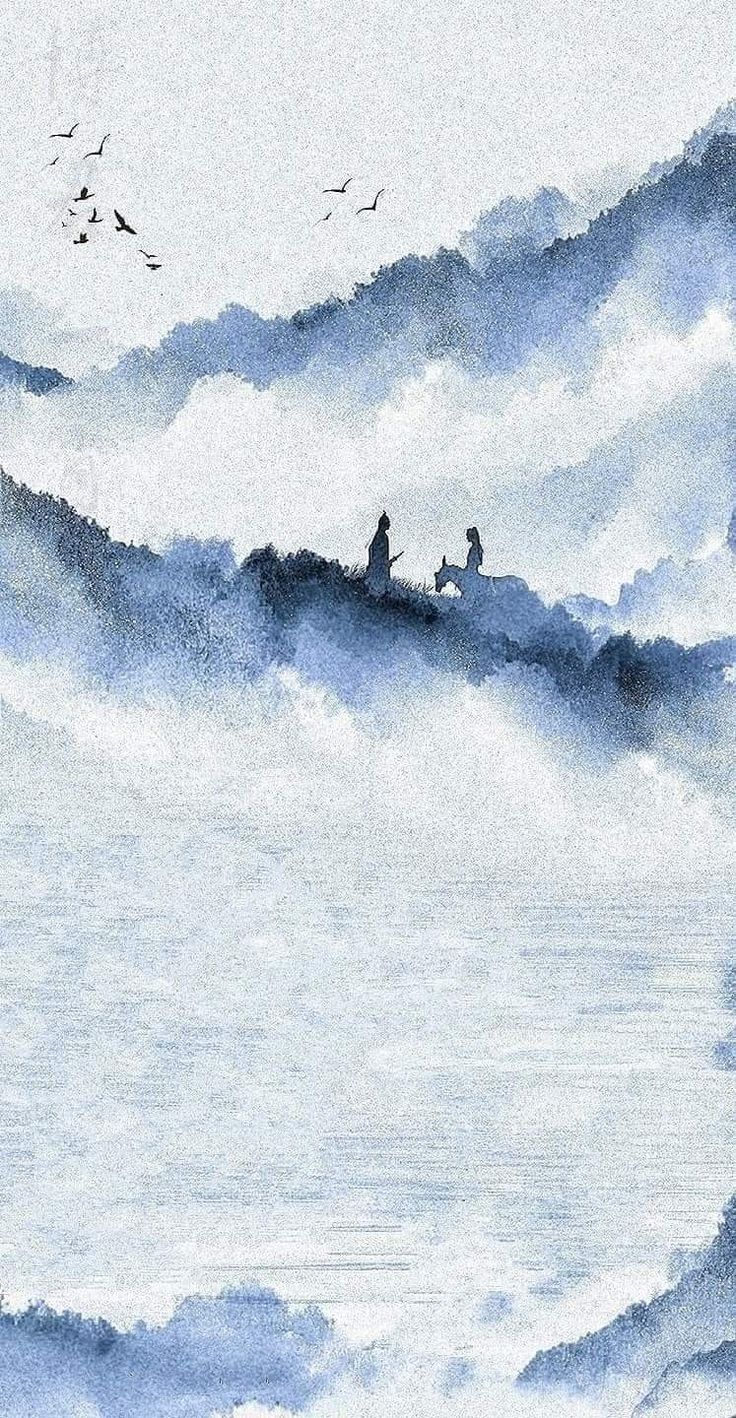 watercolor painting of two people sitting on top of a wave