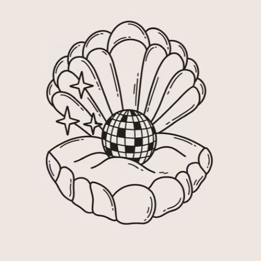 a black and white drawing of a shell with a disco ball in it's center