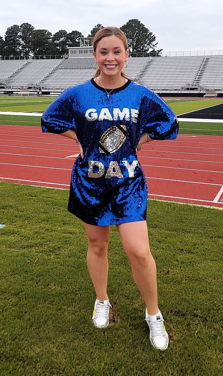 "Your Game Day Sparkle will be seen by everyone in this Show Stopping Gameday Football Sequin Mini Dress/Top dress! Wear over jeans or leggings for a Tunic look, Tucked In with Jeans, Shorts or Skirt or wear it with boots or heels as a Dress! Dress is fully sequined on front. NOTE: This is a One Size Fits Most. As such it will fit and look different on everyone. One Size Regular  Will fit from a Small to Large There is Stretch.  Also depends on Body Type, Body Length and Leg Length One Size Plus Houston Texans, Sequin Mini, Sequin Mini Dress, Dress Top, Sequin Top, Top Dress, Jeans Shorts, Game Day, Style Me