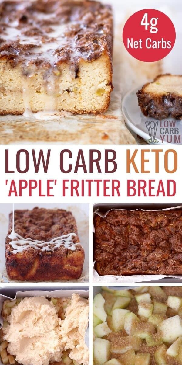 the cover of low carb keto apple fritter bread is shown in four different pictures