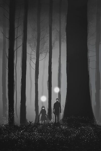 two people standing in the middle of a forest at night with lights on their heads