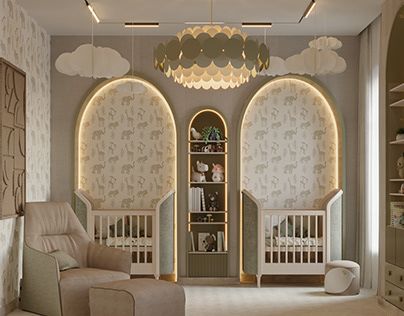 a baby's room with two cribs and a rocking chair