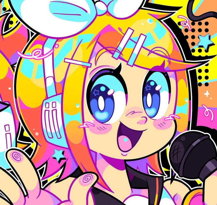 a cartoon girl holding a microphone in front of a colorful background