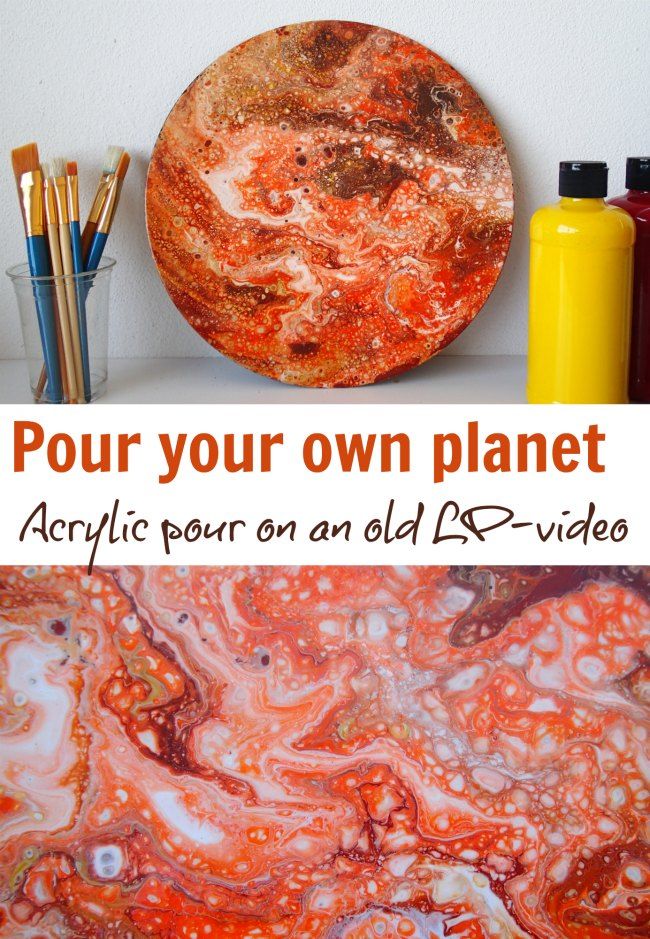 an orange and white painting with the words pour your own planet on it next to other art supplies