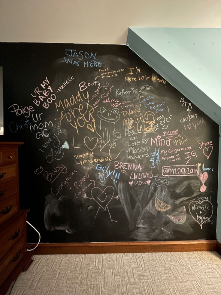 a blackboard with writing on it in a room next to a dresser and stairs