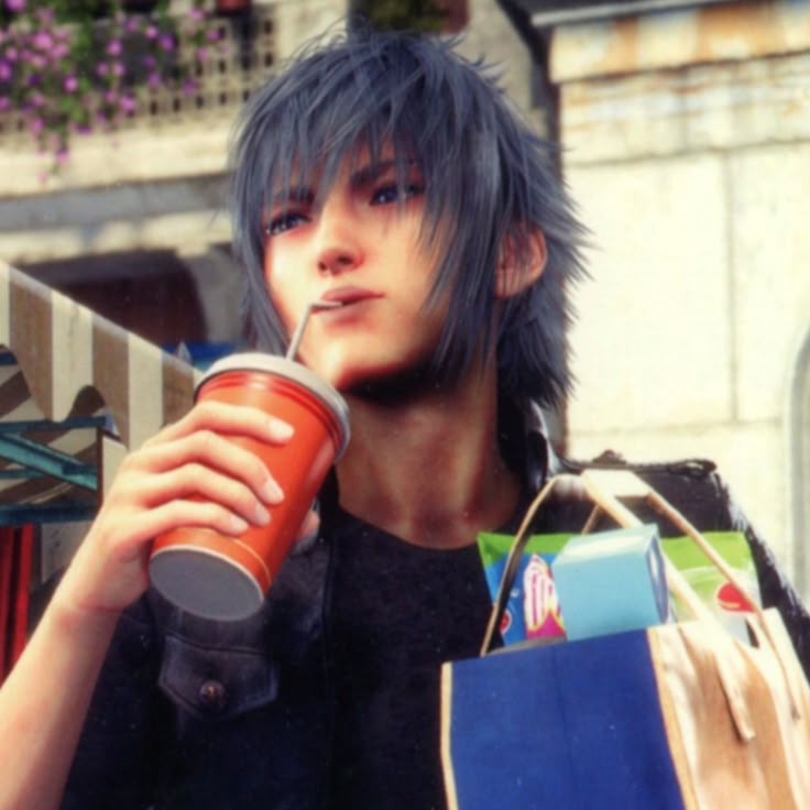 an image of a man drinking from a coffee cup with shopping bags around his neck