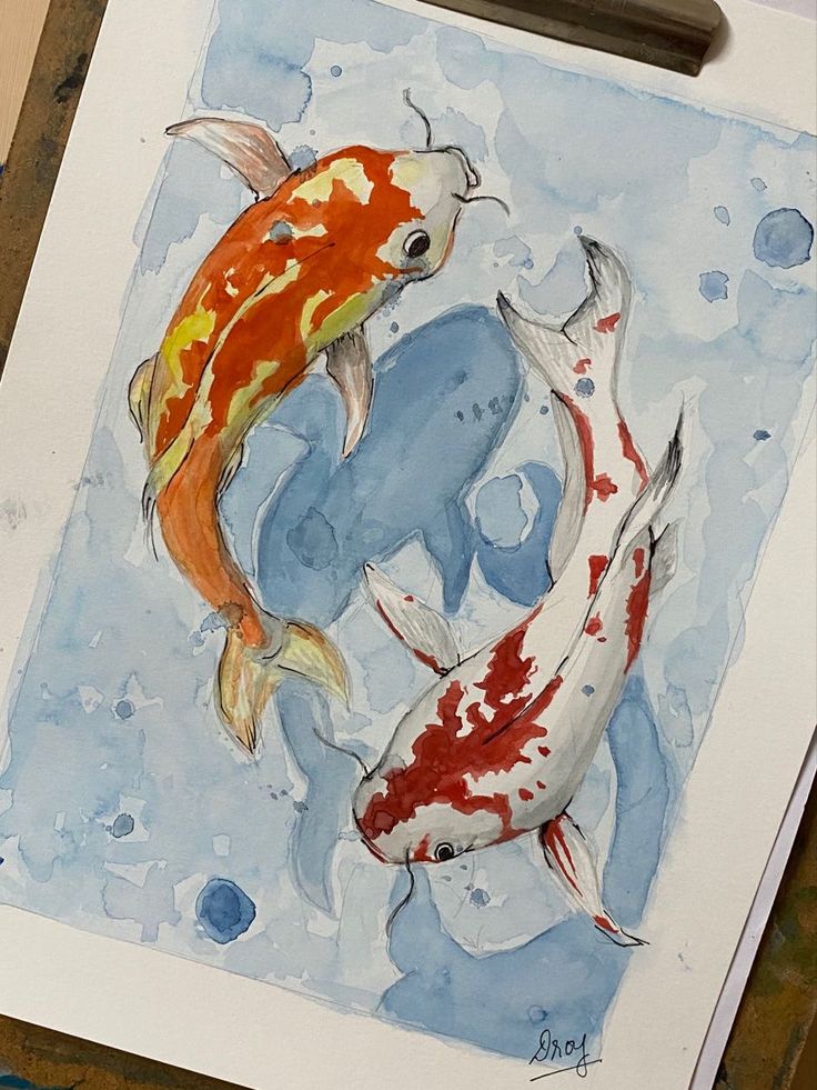 a drawing of two koi fish in watercolor and ink on white paper with blue background